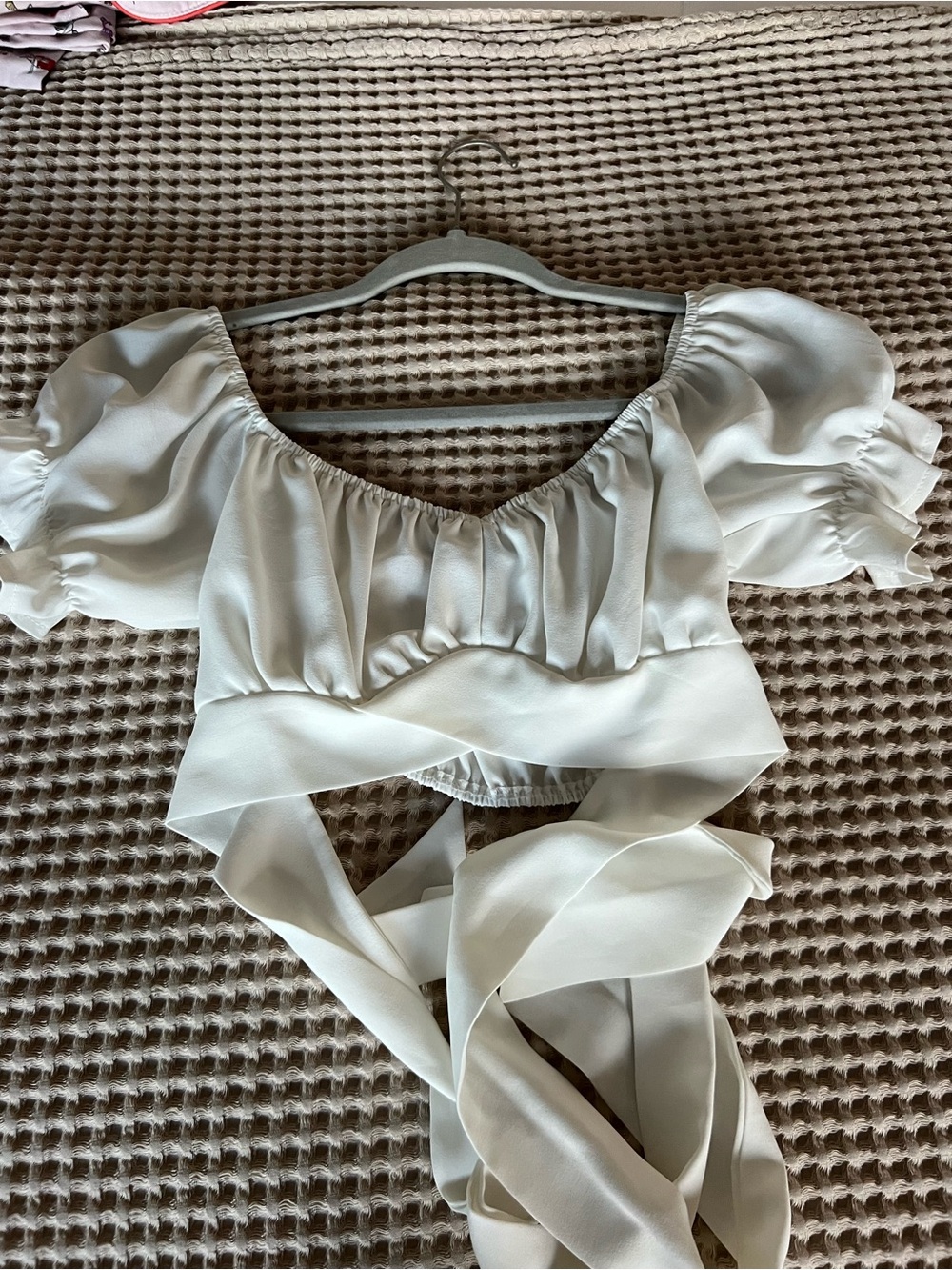 SHEIN Ivory Wrap Crop Top with Puff Sleeves